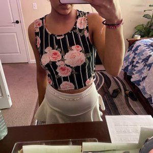 adorable rose printed white and black striped crop top